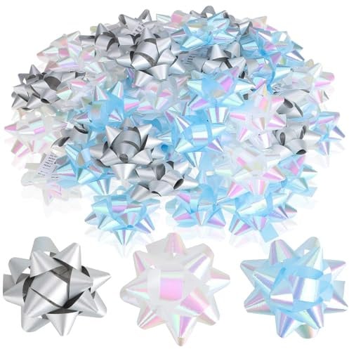 Wilhelm Sell® 60x Geschenkschleife selbstklebend - 5 x 2 cm Bunte Schleifen für Geschenke - dekorative Fertigschleifen für Weihnachten, Geburtstage und Hochzeiten (blau/weiß/grau)