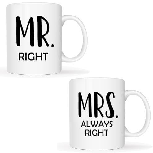 This Valentine's Day Mr Right and Mrs Always Right Coffee Mugs Set of 2, Funny Wedding Gifts for Couple Wife Husband, Newly Wed Gifts for Bride and Groom Bridal Shower for Couples, 11Oz