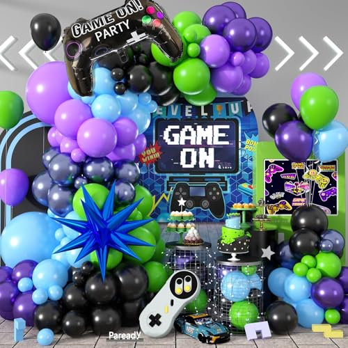 Paready Video Game Balloon Arch, 120 Pcs Blue Purple Green Black Latex Balloon Arch Garland with Blue Star Game Controller Foil Balloon for Boys Men Birthday Victory Theme Party Decoration