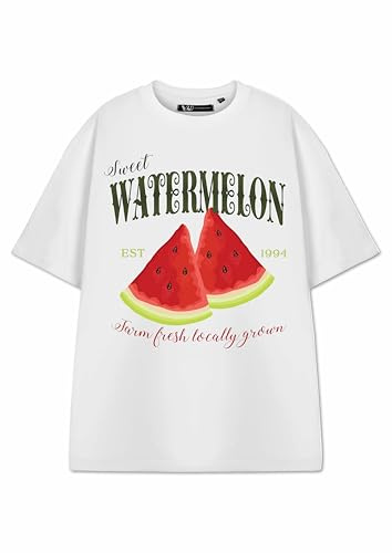 Show Me The Merch Women's Fruit White T-Shirt | Graphic Tee with Watermelon Lemon Strawberry Cherry Design | Summer Fashion Apparel