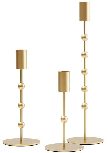 3er Set Gold Kerzenhalter mit Perlen-Design, Vintage Kerzenständer für Hochzeitsdeko, Tischdekoration, Wohnzimmer, Esstisch, Geschenk, Deko Goldene Hochzeit, Vintage Deko, Kerzenhalter Stabkerzen