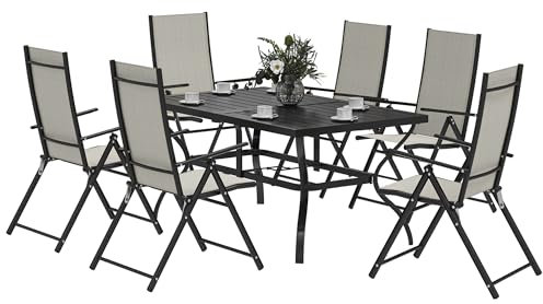 Outsunny 7 Pieces Garden Dining Set, 6 Seater Garden Furniture Set with Parasol Hole, Outdoor Dining Set with High Back Folding Chairs and Square Metal Top Table for Outdoor Patio, Khaki