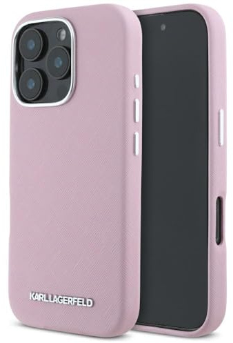 CG MOBILE Karl Lagerfeld Saffiano Full Wrapped Elongated Metal Logo Hülle für iPhone 16 Pro Max kompatibel mit MagSafe (Rosa)