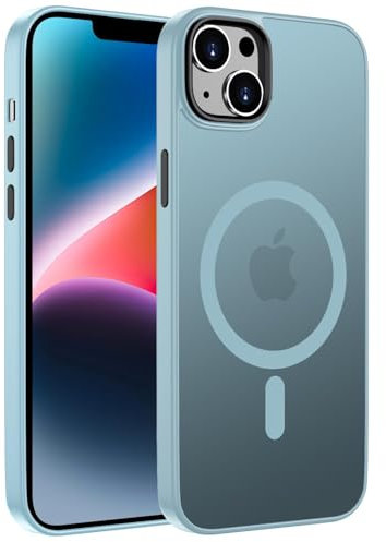 ORDA Custodia per iPhone 14 Plus, compatibile con MagSafe, magnetica per iPhone 14 Plus, retro traslucido, opaca, antiurto, colore azzurro