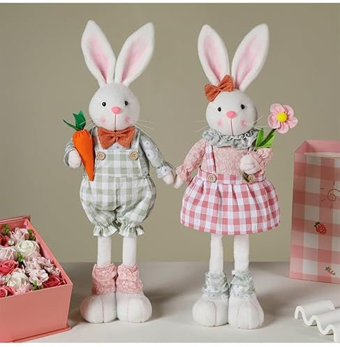 Skeadex Osterdeko Osterhasen Figuren, 2 Stück Plüsch Osterhasen Puppen,Ostern Deko Hase Figur Frühlingsdeko Tisch, Osterhase Deko Osterfiguren mit Stretch Beinen,für Osterdeko Tisch Fenster Sofa (2er)