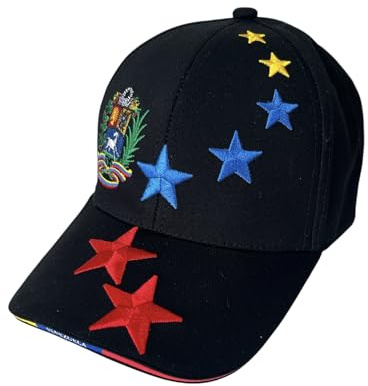 Gorra de béisbol con bandera de Venezuela, gorra de algodón de 6 paneles, ajustable, 52-62 cm, diseño tricolor con escudo de armas, cierre trasero con logotipo bordado colorido Venezuela, Negro, M-L