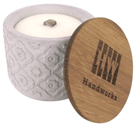 Handworkz | Tine - Wachsfresser aus Beton Ø10cm mit Dauerdocht | windbeständige Flamme | inkl. Löschdeckel aus Eiche mit Edelstahlplatte | Made in Germany (Grau | Deckel aus Eiche)