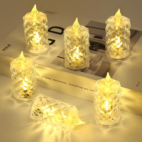 24 Pack Realistic and Bright Battery Operated Flameless LED Tea Lights Candles, Crystal Electric Fake Candles for Halloween Valentine's Day Weddings Christmas Party Festivals Decoration in Warm Yellow