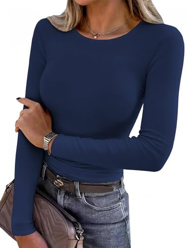 Aottori Long Sleeve Tops Women UK Round Neck Ribbed Shirts Ladies Basic Base Layer Underwear Lightweight Fitted Sexy Solid Pullover Tunic Top Navy M