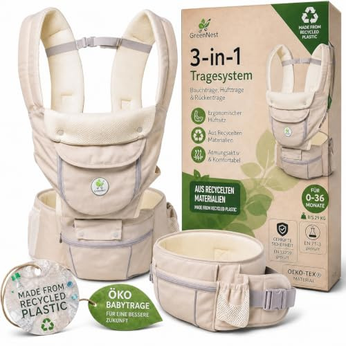 3 in 1 GreeNest ÖKO Babytrage mit Hüftsitz, Hüftsitz Baby, Hüfttrage, aus recycelten Materialien, Bauchtrage & Rückentrage, atmungsaktiv, für 0-36 Monate bis 29 kg