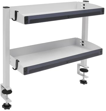 MEHOOSPVN Klemmen-Schreibtischorganizer, 2-stöckiges Schreibtischregal, DIY-Regal unter dem Tisch mit verstellbarem Ablagefach für Gaming-Geräte, Tischzubehör und mehr 44 * 39 * 15.3cm, Weiß