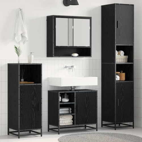 Teenpull Ensemble de 4 meubles de salle de bain en bois de chêne noir moderne avec miroir et lavabo pour salle de bain élégante