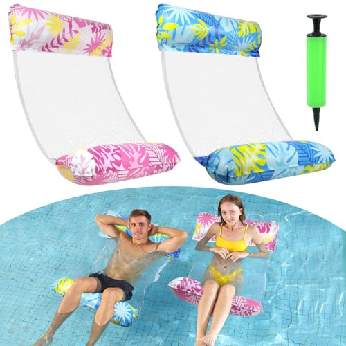 MOSTFUN 2 stycken luftmadrass, pool med luftpump, 4-i-1, uppblåsbar vattenhängmatta, vuxna, barn, luftmadrass, vatten för fåtölj, madrasser, sits, simmadrass (blå, rosa)