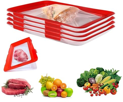 BEZHGOC Stretch Storage Fresh Trays, 4Pcs Stackable Cold Meat Containers with Elastic Lid for Fridge Vacuum Food Preservation Tray for Meat Vegetable Fruit (Red)