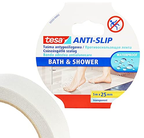 tesa® Anti-Rutschband Bad & Dusche Transparent 5 m x 25 mm | Ideal Rutschfestes Klebeband Für Badezimmer Badewannen Treppen | Rutsch-Schutz Wasserfest UV Beständigkeit Anti-Slip Tape