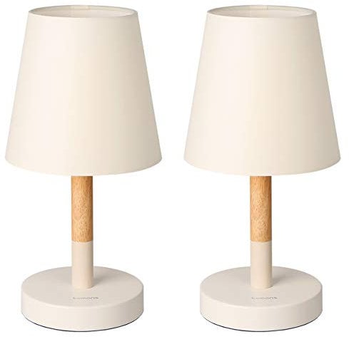 tomons Nachttischlampe LED 2er Set Holz, LED Tischleuchte mit Stoffschirm für Schlafzimmer, Wohnzimmer, Arbeitszimmer, Beistelltisch - Beige