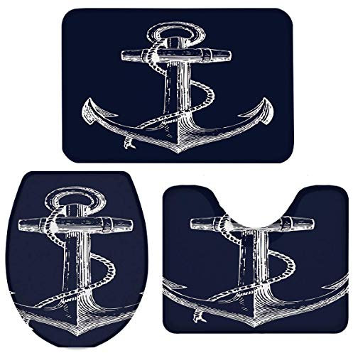 JOOCAR Badvorleger mit WC-Vorleger, rutschfest, mit Deckel, WC-Vorleger, maritimes marineblaues Anker-Motiv, weich und schön, 3-teiliges Set