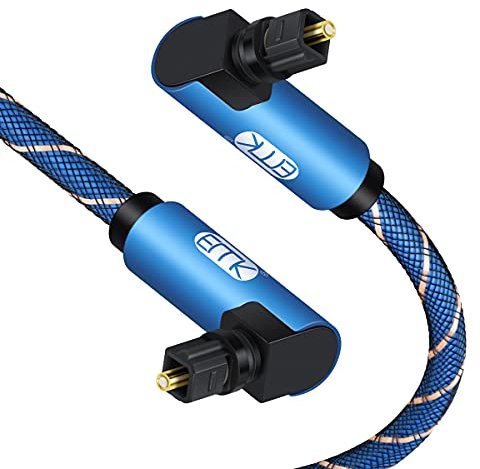 EMK Cable Audio óptico de ángulo Recto Doble 90 Grados Cable Toslink Cable fibra óptica Audio Digital Trenzado Nailon para barra de sonido, TV, DVD, Altavoz, Azul (3 m)