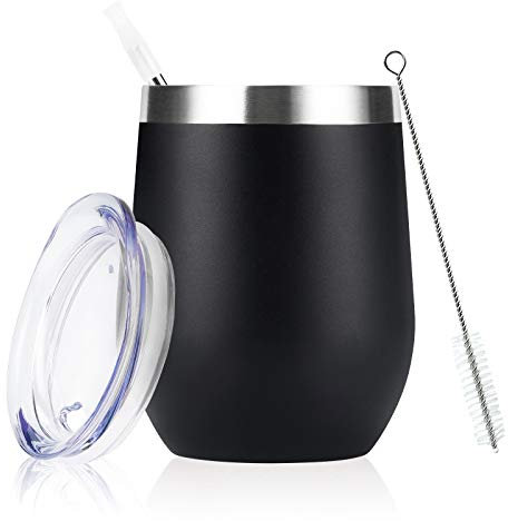 Joymaking 12oz Insulated Stainless Steel Wine Tumbler with Lid and Straw, Double Walled Wine Glass Tumbler Gift for Women, Great for Hot & Cold Drinks -Wine, Champagne, Coffee, Ice Cream