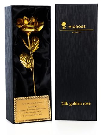 miomido 24k Gold Rose, handgefertigte, vergoldete, konservierte Rose Blume - mit Geschenkbox und Echtheitszertifikat - Geschenkidee für Freundin oder Frau zum Geburtstag (B: Schwarze Verpackung)
