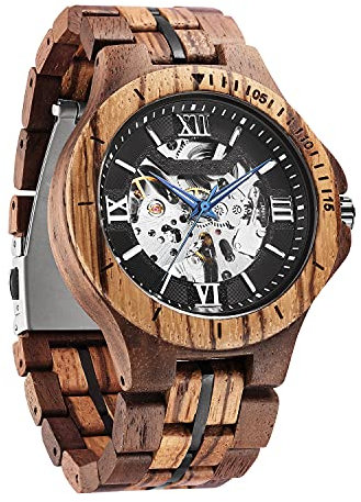 Holzuhr für Männer und Frauen, stilvoller Chronograph, Militär, lässiger Kalender, Holz-Uhren, Mechanisch – schwarzes Zifferblatt, Stilvolle, mechanische Holzuhr