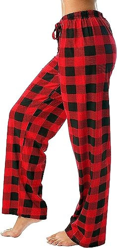 LUCKLY Pantalon de Loisirs pour Femme Long avec Poches et Cordon de Serrage - Pyjama Doux à Carreaux, Extensible, Jambe Large pour Fitness