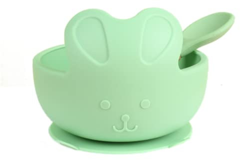 Molinka Assiette bébé en silicone avec ventouse en bois pour enfants Motif lapin - Sans BPA - Convient pour les tout-petits - Plateau de chaise haute (vert)