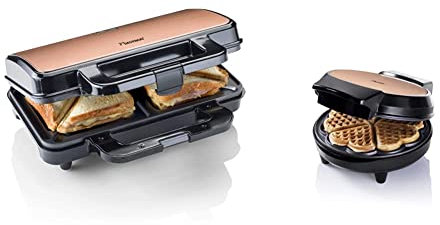Bestron ASM90XLCO XL Sandwichmaker, für 2 Sandwiches, 900W, Schwarz/Kupfer & Waffeleisen für klassische Herzwaffeln, Waffelautomat mit Antihaftbeschichtung, Inkl. Rezeptvorschlägen, 700W, Kupfer