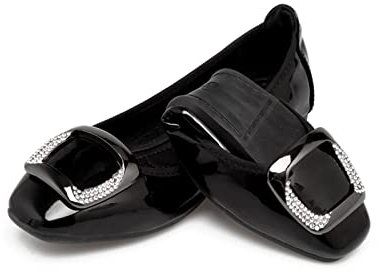 MACHSWON Womens Ballet Flat Slip On Foldable Ballet Flats with Buckle, Portable Ladies Slip On Loafers(Smooth Black, Size 6)