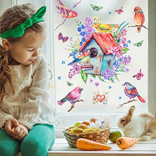 WandSticker4U®- Fensterbilder Sommer selbstklebend VOGELHAUS & BLÜTEN I Fensteraufkleber Fenstersticker Vögel Kinderzimmer Wohnzimmer Bad Küche Fensterdekoration wiederverwendbar