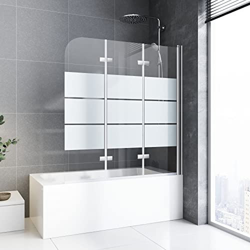 Duschwand für Badewanne, 120x140cm Duschwand für badewanne Faltbar Querstreifen Nano Badewannen-Duschwand mit 6mm Nano Easy Clean Glas Duschtrennwand 3-teilig Faltwand