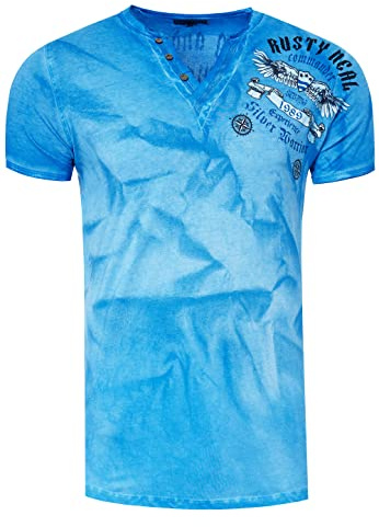 Herren T-Shirt Front & Back Print All Over Logo-Print Verwaschen V-Neck mit Knopfleiste 287