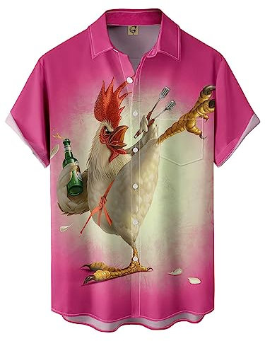 Hardaddy Camicia da uomo Gongfu con stampa a maniche corte con gallo sul petto, con bottoni, estiva, casual, Rosa, XL