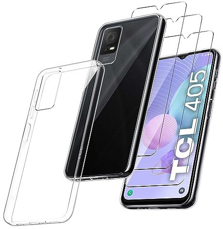 MIBZOR 4 in 1 Cover Compatibile con TCL 405 / TCL 406 / TCL 408 / TCL 406S (6.6) e 3 Pezzi Vetro Temperato Pellicola Protettiva, Trasparente Morbido Silicone Custodia Protettivo TPU Protezione Case