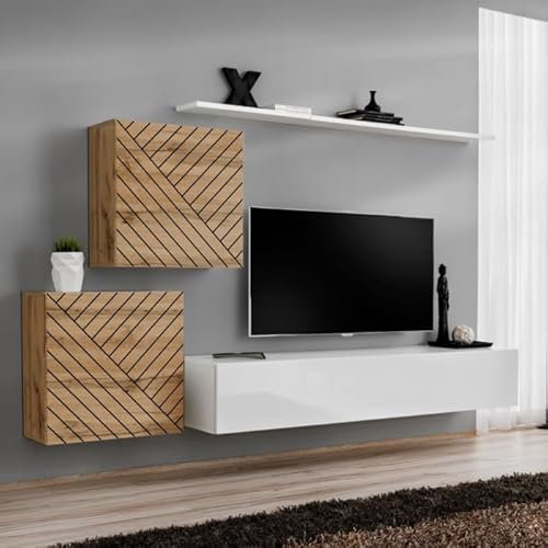 Paris Prix Ensemble Meuble TV Switch Lamel V 250cm Blanc & Naturel