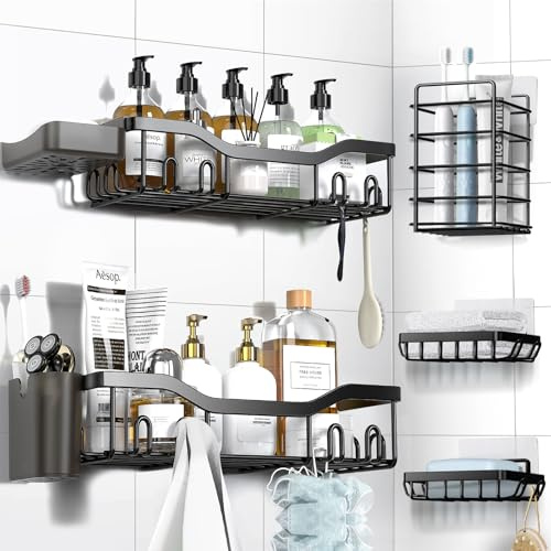 NESOMI Shower Caddy Adhesive Shower Organizer 7-Pack, Rustproof Stainless Steel Bathroom Shelves, Large Capacity No-Drill Rack Storage Accessories with Soap Dish Toothbrush Holder &24 Hooks Home Decor
