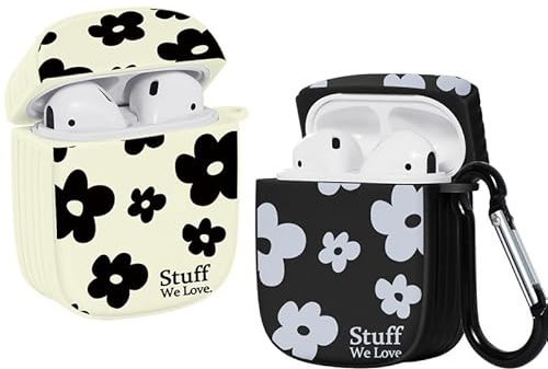 ZhuoFan [2 Stück] Cover Kompatibel mit Apple AirPods 2 & 1 Silikon Case Cute, Schwarz-Weiss Blume Muster Airpods Hülle Kopfhörer Taschen Case mit Schlüsselanhänger Stoßfeste für Mädchen Frau