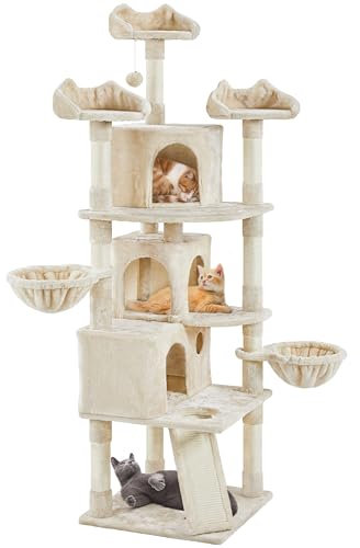 Yaheetech Arbre à Chat Géant 194 cm Tour pour Chat XXL Multiniveau avec 3 Perchoirs Design 2 Paniers 3 Niches Tour d’Escalade Griffoir Poteaux en Sisal Beige