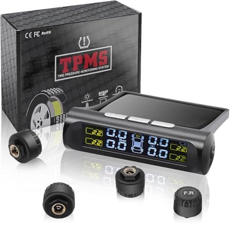 Geloo Universal Tire Pressure Monitoring System with 4 External Sensors Wireless TPMS Solar Monitor with Alarm Mode,Pressure Range 0-5 bar for Caravans RV Car SUV Trailer