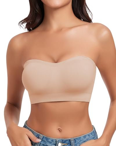 WOWENY Trägerloser Bandeau BH Hautfarben Damen ohne Bügel Tube Top Nahtlos Gepolsterter Bralette mit Durchsichtigen Trägern Rutschfestes Silikon[Beige, XL]