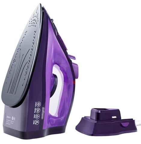 Sans Fil Fer à Vapeur,Réservoir d'Eau de 280ml,Vapeur Continue 20 g/min,Vapeur en Rafale 90 g/min,Semelle en Céramique,Réglage de la Vapeur en Trois Étapes,Protection Anti-Gouttes,Autonettoyant