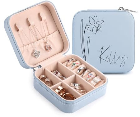MeMeDIY Personalisierte Schmuckschatulle mit Namen/Blume Individuelles Leder Reise-Schmuckkästchen Schmuck-Organizer-Box Hochzeit Brautjungfer Geschenke für Frauen und Mütter -E