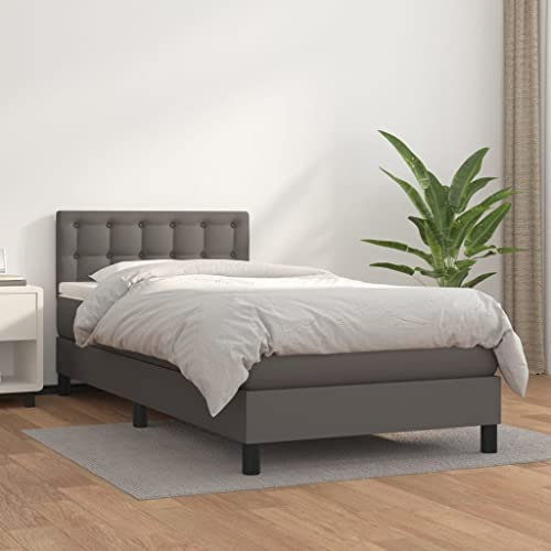 Willood Boxspringbett mit Matratze Grau 100x200 cm Kunstleder Kunstlederbett Polsterbett Bettgestell Bett Hotelbett Schlafzimmerbett Bettrahmen LattenrostKnöpfe
