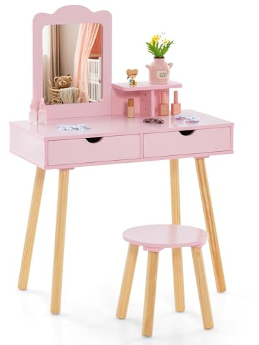 COSTWAY Kinder Schminktisch Set, 2 in 1 Frisiertisch Schreibtisch & Hocker mit abnehmbarem Spiegel, 2 Schubladen, Kamm, Schminkkommode Holz für Mädchen im Alter von 3-7 Jahren (Rosa)