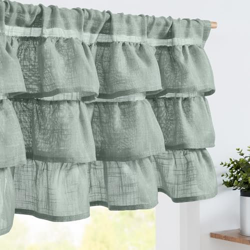 TOPICK Küche Scheibengardinen mit Rüschen Blaugrau Leinen Bistrogardine für Klein Fenster Kurzstore Gerüschte Küchengardinen Landhausstil Halbtransparente Vorhänge Kurz Bauernhaus 125Bx45H (cm)