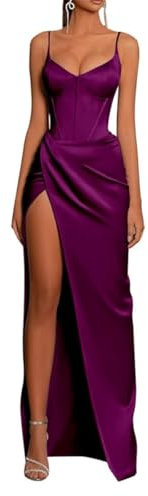 Vestido de dama de honor de satén para mujer, cuello en V, vestido formal de fiesta de noche para invitados de boda con abertura, fucsia, 46