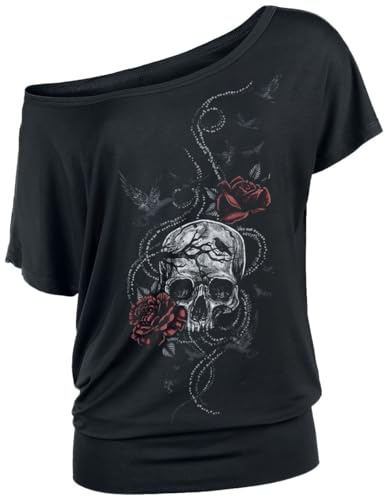 Black Premium by EMP Damen schwarzes T-Shirt mit großem Totenkopf Rosen Frontprint