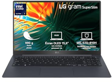 LG Gram Superslim 15Z90ST-G.AP78F - PC Portable 15,6 990g, écran OLED FHD, Plateforme Intel Evo Ultra 7 155H, RAM 16Go, SSD 1To NVMe, Intel Iris XE, Thunderbolt 4, Windows 11 Home, Clavier AZERTY