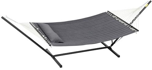 Outsunny Hamaca de pie con Almohada, Hamaca con Soporte de Acero, con Barras de separación, para Camping al Aire Libre, Playa, Gris Oscuro