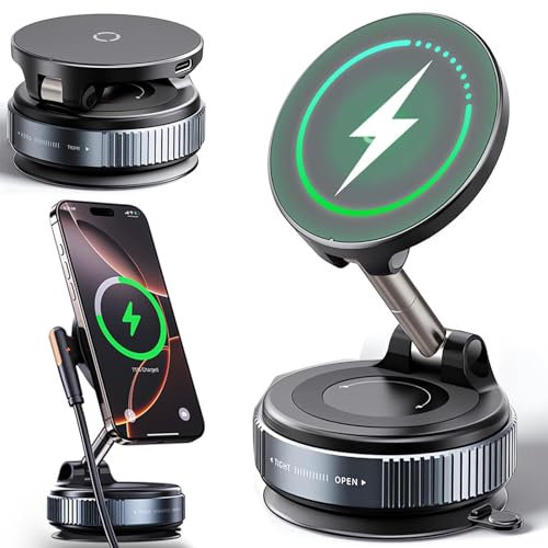 RUNNINGMT Cargador inalámbrico magnético al vacío para Magsafe, soporte de teléfono con ventosa ajustable de 360° para salpicadero de coche/parabrisas, compatible con iPhone 16/15/14/13/12 Series